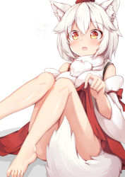 Rule 34 | 1girl, animal ear fluff, animal ears, barefoot, blush, breasts, detached sleeves, hair between eyes, hat, inubashiri momiji, large breasts, legs, open mouth, red eyes, red hat, rururiaru, short hair, simple background, sitting, solo, tail, tokin hat, touhou, white background, white hair, wolf ears, wolf tail