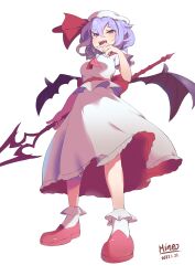 Rule 34 | 1girl, absurdres, bat wings, commentary request, damarinasai (mineo), dated, full body, hat, hat ribbon, highres, holding, holding weapon, looking at viewer, mob cap, open mouth, purple hair, red eyes, red footwear, red ribbon, remilia scarlet, ribbon, shirt, short hair, short sleeves, signature, simple background, skirt, socks, solo, spear the gungnir, standing, touhou, weapon, white background, white hat, white shirt, white skirt, white socks, wings