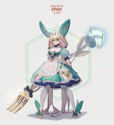 Rule 34 | 1girl, absurdly long hair, animal ears, aqua dress, blonde hair, blue eyes, closed mouth, dated, dress, english text, fake animal ears, fork, frilled dress, frills, glowing, green footwear, hair between eyes, holding, holding fork, long hair, luvents3, maid headdress, multicolored hair, original, oversized object, puffy sleeves, solo, twintails, two-tone hair, very long hair, white legwear