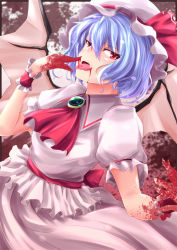 Rule 34 | 1girl, ascot, bat wings, blood, blood on hands, blue hair, fang, hat, kichihachi, licking, looking at viewer, open mouth, red eyes, remilia scarlet, short hair, solo, tongue, tongue out, touhou, vampire, wings, wrist cuffs