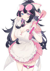 Rule 34 | 1girl, absurdres, ahoge, apron, bandaged hand, bandages, black hair, blue eyes, bow, breasts, cleavage, commentary request, cowboy shot, dress, dsp0355, earrings, eyewear on head, frilled apron, frills, girls&#039; frontline, girls&#039; frontline neural cloud, hair bow, heterochromia, highres, holding, holding spatula, jewelry, large breasts, long hair, looking at viewer, multicolored hair, necklace, pearl necklace, pink dress, pink hair, puffy sleeves, purple eyes, short sleeves, simple background, smile, solo, spatula, streaked hair, sunglasses, thigh strap, vee (neural cloud), white apron, white background