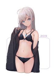 Rule 34 | 1girl, 2019, ahoge, bare shoulders, black bra, black jacket, black panties, blue eyes, bra, breasts, closed mouth, collarbone, cropped legs, hand up, head tilt, highres, jacket, jewelry, long hair, looking at viewer, navel, necklace, nekojira, off shoulder, open clothes, open jacket, original, panties, revision, sidelocks, silver hair, small breasts, solo, stomach, underwear, white background