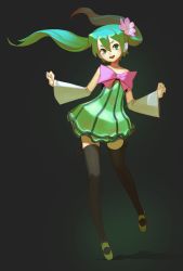 Rule 34 | 1girl, black thighhighs, bow, collarbone, colorful x melody (vocaloid), dress, floating hair, flower, full body, green dress, green eyes, green footwear, green hair, hair between eyes, hair flower, hair ornament, hatsune miku, highres, long hair, looking at viewer, open mouth, pink bow, pink flower, shoes, short dress, sleeveless, smile, solo, standing, standing on one leg, striped clothes, striped dress, thighhighs, topdylan, twintails, vertical-striped clothes, vertical-striped dress, vocaloid, zettai ryouiki