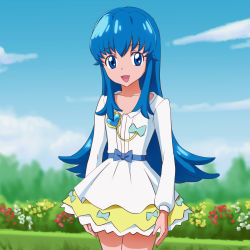 Rule 34 | 10s, 1girl, :d, bad id, bad pixiv id, blue eyes, blue hair, bow, day, grass, happinesscharge precure!, highres, long hair, matching hair/eyes, mont blanc (heartcatch ayaya), open mouth, precure, shirayuki hime, skirt, sky, smile, solo