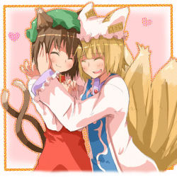 Rule 34 | 2girls, :3, animal ears, bad id, bad pixiv id, blush, cat ears, cat girl, cat tail, chen, closed eyes, face-to-face, female focus, fox tail, h@ll, happy, hat, hug, multiple girls, multiple tails, short hair, smile, tail, touhou, yakumo ran