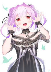Rule 34 | 1girl, :d, absurdres, bad id, bad pixiv id, bare shoulders, black choker, black dress, brooch, canna 819, choker, double bun, dress, earrings, fang, flat chest, frilled dress, frilled straps, frills, hair bun, hair ribbon, hands up, highres, hololive, jewelry, off-shoulder dress, off shoulder, open mouth, pink hair, red eyes, ribbon, see-through, see-through sleeves, short sleeves, simple background, skull earrings, smile, solo, teeth, upper teeth only, uruha rushia, uruha rushia (3rd costume), virtual youtuber, white background, wristband