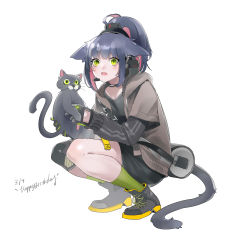 Rule 34 | 1girl, absurdres, animal, animal ears, arknights, black cat, black footwear, black gloves, black shirt, blue hair, boots, brown jacket, cat, cat ears, cat girl, cat tail, caught, chinese commentary, commentary, dated, gloves, green eyes, green socks, happy birthday, headset, highres, holding, holding animal, holding cat, implied extra ears, jacket, jessica (arknights), knee pads, looking at viewer, open clothes, open jacket, open mouth, pink hair, ponytail, shinnasuka025, shirt, single knee pad, socks, solo, squatting, tail