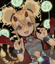 Rule 34 | 1girl, blonde hair, breasts, brown eyes, chest jewel, dadeltan, electra (xenoblade), electricity, gem, highres, horns, navel, pointy ears, small breasts, solo, xenoblade chronicles (series), xenoblade chronicles 2