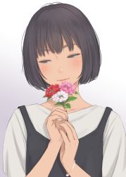 Rule 34 | 1girl, black dress, black hair, bob cut, bouquet, bracelet, brown eyes, closed mouth, collarbone, commentary, dress, eyelashes, flower, gradient background, hair strand, half-closed eyes, head tilt, highres, holding, holding bouquet, holding flower, jewelry, kyak bamboo, light smile, lips, looking away, looking down, messy hair, mochizuki chihiro, nail polish, original, own hands together, pinafore dress, pink flower, pink nails, red flower, shirt, short hair, simple background, sleeveless dress, solo, upper body, w arms, white background, white flower, white shirt
