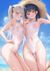 Rule 34 | 2girls, armpits, bare legs, bare shoulders, barefoot, beach, black hair, black ribbon, blue sky, blush, breasts, cloud, cloudy sky, covered erect nipples, covered navel, day, food-themed hair ornament, grey hair, hair ornament, hair ribbon, half-closed eyes, hand on headwear, hat, highres, holding hands, horizon, ichigo-chan (mignon), kneeling, kouhai-chan (mignon), long hair, looking at viewer, medium hair, mignon, multiple girls, ocean, one-piece swimsuit, open mouth, original, outdoors, pink eyes, purple eyes, ribbon, sand, see-through swimsuit, sky, small breasts, smile, strapless, strapless one-piece swimsuit, straw hat, strawberry hair ornament, sun hat, swimsuit, twintails, v, water, wet, wet clothes, white one-piece swimsuit