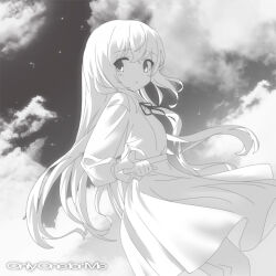 Rule 34 | 1girl, album cover, cloud, cosgaso, cover, crossed bangs, english text, frilled sleeves, frills, greyscale, light blush, limited palette, long hair, long sleeves, looking at viewer, monochrome, neck ribbon, original, parted lips, ribbon, shirt tucked in, skirt, sky, solo, star (sky), white theme
