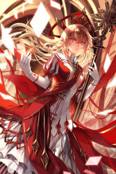 Rule 34 | 1girl, blonde hair, breasts, dress, gloves, juliet sleeves, layered dress, long hair, long sleeves, looking at viewer, official art, original, polearm, puffy sleeves, red dress, skade, solo, very long hair, weapon, white dress, white gloves, yellow eyes
