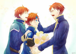 Rule 34 | 3boys, :d, age difference, aged up, ahoge, armor, belt, blue cape, blue eyes, blush, bouquet, cape, closed eyes, closed mouth, elbert (fire emblem), eliwood (fire emblem), facial hair, family, father and son, fire emblem, fire emblem: the binding blade, fire emblem: the blazing blade, fire emblem heroes, flower, grandfather and grandson, hand on another&#039;s head, hand on another&#039;s shoulder, happy, headpat, kazame, long sleeves, looking at another, male focus, multiple boys, mustache, nintendo, open mouth, pauldrons, red hair, rose, round teeth, roy (fire emblem), short hair, short sleeves, shoulder armor, smile, teeth, white background, white flower, white rose, yellow flower, yellow rose