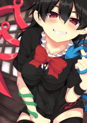 Rule 34 | 1girl, asymmetrical wings, black dress, black hair, blue wings, blurry, blurry background, blush, bow, bowtie, breasts, center frills, collarbone, commentary request, covered navel, dress, fang, frills, grin, hair between eyes, half-closed eyes, hand up, highres, houjuu nue, index finger raised, lolimate, looking at viewer, medium breasts, microdress, pointy ears, red bow, red bowtie, red eyes, red wings, short hair, short sleeves, skindentation, smile, snake, solo, taut clothes, taut dress, thighhighs, thighs, touhou, wings, wristband, zettai ryouiki