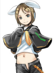 Rule 34 | 1girl, aged down, blonde hair, blue eyes, blush, detached sleeves, face, from below, hair ornament, hair ribbon, hairclip, headset, kagamine rin, long sleeves, looking down, midriff, navel, oversized clothes, pussy, pussy peek, ribbon, sailor collar, short hair, shorts, sketch, smile, sody, solo, unzipped, vocaloid