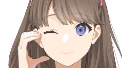 Rule 34 | 1girl, ;), brown hair, close-up, closed mouth, commentary, fujishima megumi, half-heart hands, hand on own face, hand up, highres, link! like! love live!, long hair, looking at viewer, love live!, one eye closed, purple eyes, s sho mkrn, simple background, smile, solo, two side up, virtual youtuber, white background