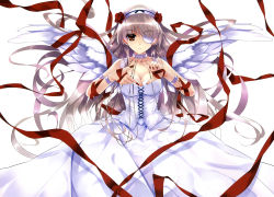 Rule 34 | 1girl, absurdres, angel, angel wings, bdsm, bondage, bound, breasts, cleavage, copyright request, corset, dress, eyepatch, finger frame, fingernails, flower, hairband, highres, long hair, medium breasts, misaki kurehito, nail polish, ribbon, silver hair, simple background, slave, solo, very long hair, wings
