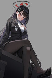 Rule 34 | 1girl, absurdres, arm support, black footwear, black hair, black jacket, black pantyhose, black skirt, black suit, blue archive, breasts, commentary, crossed legs, desk, foot out of frame, formal, from below, full body, grey background, hair between eyes, hair ornament, hairclip, high heels, highres, jacket, large breasts, long hair, looking at viewer, on desk, pantyhose, parted lips, patent heels, pumps, red eyes, rimya opo, rio (blue archive), shoe dangle, shoes, simple background, sitting, skirt, smile, solo, stiletto heels, striped clothes, striped sweater, suit, sweater, thighs, turtleneck, turtleneck sweater, white sweater