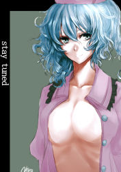 Rule 34 | 1girl, breasts, collarbone, female focus, grey eyes, hat, kuronuko neero, large breasts, looking at viewer, md5 mismatch, merlin prismriver, no bra, open clothes, open shirt, shirt, signature, silver hair, sketch, smile, solo, touhou, upper body
