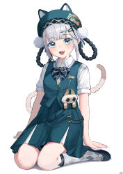 1girl absurdres animal_ear_headwear argyle_clothes argyle_socks arm_support bambinata:_vitrum_(pgr) bambinata_(pgr) bare_arms blue_bow blue_bowtie blue_footwear blue_hat blue_skirt blue_vest blunt_bangs bow bowtie braid braided_hair_rings brooch cat_tail chinese_commentary collared_shirt colored_eyelashes commentary_request elegg_(10437293) fake_animal_ears fang fish_bone full_body green_eyes hair_ornament hair_rings hairclip hat highres jewelry kneehighs knees_together_feet_apart looking_at_viewer multicolored_hair official_alternate_costume open_mouth partial_commentary petite pom_pom_(clothes) pom_pom_hair_ornament punishing:_gray_raven shirt short_sleeves siam_neko_azukisan simple_background sitting skirt smile socks solo tail two-tone_hair vest wariza white_background white_hair white_shirt