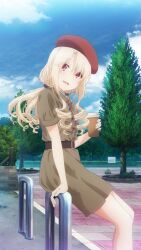 Rule 34 | 1girl, belt, blonde hair, blue sky, cloud, cloudy sky, cup, day, dress, fate/kaleid liner prisma illya, fate (series), game cg, hair between eyes, hat, headwear request, highres, holding, holding cup, illyasviel von einzbern, long hair, official art, open mouth, outdoors, red eyes, short sleeves, sidelocks, sitting, sky, solo, third-party source, tree