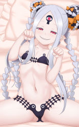 Rule 34 | 1girl, abigail williams (fate), abigail williams (swimsuit foreigner) (fate), abigail williams (swimsuit foreigner) (first ascension) (fate), bare shoulders, bikini, black bikini, black bow, blush, bow, breasts, collarbone, colored skin, double bun, fate/grand order, fate (series), forehead, grin, hair bun, highres, keyhole, long hair, looking at viewer, multiple bows, navel, orange bow, otomix, parted bangs, paw pose, pink eyes, sidelocks, small breasts, smile, spread legs, swimsuit, thighs, third eye, very long hair, white hair, white skin