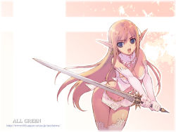 Rule 34 | 1girl, blonde hair, breasts, cleavage, cowboy shot, detached collar, elbow gloves, elf, gloves, holding, holding sword, holding weapon, long hair, midriff, miniskirt, morisawa haruyuki, pelvic curtain, pointy ears, skirt, solo, sword, thighhighs, two-handed, wallpaper, watermark, weapon, web address, white thighhighs