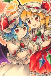 Rule 34 | 1girl, 2girls, ascot, bat wings, black wings, blonde hair, blue hair, bow, brooch, closed mouth, commentary request, crystal, flandre scarlet, frilled bow, frilled shirt collar, frills, happy, hat, hat bow, highres, holding hands, interlocked fingers, jewelry, looking at viewer, maa (forsythia1729), marker (medium), mob cap, multiple girls, open mouth, pink shirt, pink skirt, puffy short sleeves, puffy sleeves, red bow, red eyes, red skirt, red vest, remilia scarlet, shirt, short hair, short sleeves, siblings, side ponytail, sisters, skirt, smile, touhou, traditional media, vest, white ascot, white headwear, wings