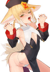 1girl absurdres alternate_costume animal_ear_fluff animal_ears arknights braid braided_hair_rings cabbie_hat claw_pose fox_ears fox_girl fox_tail hair_rings hat hat_ornament highres icenight jiangshi jiangshi_costume kitsune kyuubi looking_at_viewer multiple_tails ofuda ofuda_on_head panties pelvic_curtain qingdai_guanmao revealing_clothes solo string_panties suzuran_(arknights) tail talisman underwear white_background white_panties