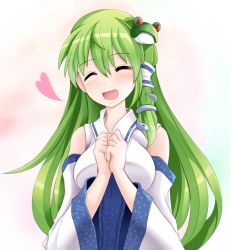 Rule 34 | 1girl, ^ ^, blush, breasts, detached sleeves, exis, closed eyes, frog hair ornament, green hair, hair ornament, heart, kochiya sanae, large breasts, long hair, open mouth, smile, snake hair ornament, solo, touhou