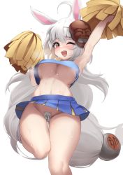 Rule 34 | 1girl, ;d, absurdres, ahoge, animal ears, arm up, armpits, bare arms, bare shoulders, blue shirt, blue skirt, breasts, cheerleader, commission, crop top, crop top overhang, crusaders quest, groin, hand up, highres, holding, large breasts, leg up, long hair, looking at viewer, maebari, mask, mask on head, midriff, miniskirt, navel, nine (kanine41), no bra, no panties, ofuda, ofuda on pussy, one eye closed, open mouth, pleated skirt, pom pom (cheerleading), rabbit ears, red eyes, revealing clothes, second-party source, shirt, simple background, skirt, sleeveless, sleeveless shirt, smile, solo, standing, standing on one leg, steam, stomach, sweat, thighs, underboob, upshirt, very long hair, white background, white hair