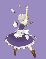 Rule 34 | 1girl, apron, arm garter, arm up, bad id, bad pixiv id, blue eyes, boots, bow, braid, cross-laced footwear, female focus, hair between eyes, highres, izayoi sakuya, katsudansou, knife, lace-up boots, maid, maid apron, maid headdress, ribbon, solo, throwing, throwing knife, touhou, twin braids, weapon, white hair, wrist cuffs