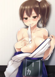 Rule 34 | 10s, 1girl, bad id, bad pixiv id, bare shoulders, blush, breasts, brown eyes, brown hair, cleavage, collarbone, japanese clothes, kaga (kancolle), kantai collection, large breasts, mouth hold, off shoulder, short hair, side ponytail, smile, solo, sweat, yukian