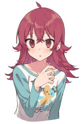 Rule 34 | 1girl, :o, ahoge, blush, breasts, collarbone, commentary, cropped torso, highres, idolmaster, idolmaster shiny colors, komiya kaho, looking at viewer, neko moto, print shirt, raglan sleeves, red eyes, red hair, shirt, simple background, small breasts, solo, white background