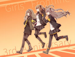Rule 34 | 3girls, armband, text background, belt, black footwear, black jacket, black legwear, black neckwear, black scarf, black skirt, boots, brown footwear, brown hair, chinese commentary, commentary request, demon (abyssdemon), english text, closed eyes, fingerless gloves, girls&#039; frontline, gloves, grey hair, hair ornament, highres, hood, hooded jacket, jacket, jumping, knee pads, long hair, miniskirt, multiple girls, neck ribbon, open mouth, pantyhose, ribbon, running, scar, scar across eye, scar on face, scarf, shirt, siblings, side ponytail, sisters, skirt, smile, tactical clothes, thigh strap, twintails, ump40 (girls&#039; frontline), ump45 (girls&#039; frontline), ump9 (girls&#039; frontline), utility belt, very long hair, white shirt