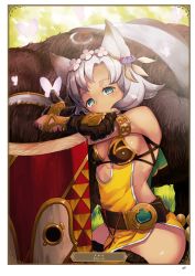 Rule 34 | 1girl, animal, animal ears, animal hands, armlet, artist name, artist request, blue eyes, breasts, brown gloves, brown thighhighs, bug, butterfly, card (medium), character name, cleavage, crossed arms, day, gloves, granblue fantasy, head wreath, highres, insect, melleau, outdoors, page number, paw gloves, shiny skin, short hair, sideboob, silver hair, sitting, small breasts, solo, thighhighs