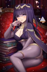 Rule 34 | artist name, ass, blurry, blurry background, book, breasts, cape, cleavage, couch, dot nose, eyebrows, eyelashes, fire emblem, highres, jewelry, kamaniki, leotard, library, long hair, medium breasts, nintendo, purple eyes, purple hair, ring, shiny skin, tharja (fire emblem), tiara, triangle, watermark