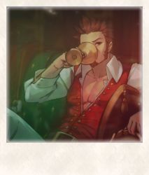 Rule 34 | 1boy, beard, belt, blue eyes, brown hair, commentary request, couch, cup, drinking, facial hair, fate/grand order, fate (series), holy grail (fate), long sideburns, long sleeves, looking at viewer, pectoral cleavage, male focus, napoleon bonaparte (fate), open clothes, open shirt, pants, pectorals, sideburns, sitting, solo, yan wan
