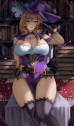 Rule 34 | 1girl, book, book stack, bookshelf, breasts, brown hair, cleavage, clothing cutout, collar, dress, flower, genshin impact, gloves, green eyes, hand up, hat, highres, jewelry, large breasts, library, lisa (genshin impact), necklace, purple dress, purple flower, purple gloves, purple rose, purple thighhighs, rose, side cutout, sitting, solo, thick thighs, thighhighs, thighs, wei (promise 0820), witch, witch hat