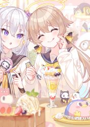 Rule 34 | 2girls, azusa (blue archive), black sailor collar, blue archive, blush, cake, cardigan, closed eyes, closed mouth, flower, food, grey hair, hair between eyes, hair flower, hair ornament, halo, hifumi (blue archive), highres, holding, holding spoon, honey toast, jacket, light brown hair, long hair, long sleeves, low twintails, multiple girls, open mouth, parfait, peroro (blue archive), purple eyes, purple flower, sailor collar, shibuya toast, smile, spoon, tongue, tongue out, twintails, usamaru67pi, white cardigan, white jacket, yellow halo