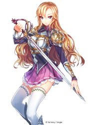 Rule 34 | 1girl, armor, blonde hair, boots, copyright name, gauntlets, high heel boots, high heels, holding, holding sword, holding weapon, looking at viewer, official art, print thighhighs, purple eyes, sid story, sila (carpen), skirt, solo, standing, sword, thighhighs, transparent background, weapon