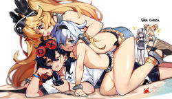 Rule 34 | 4girls, :x, ^^^, abigail williams (fate), all fours, anne bonny (fate), anne bonny (swimsuit archer) (first ascension) (fate), beach, bikini, bikini bottom only, black hair, blonde hair, blue eyes, bracelet, braid, breast press, breasts, cellphone, character request, double bun, eyewear on head, fate/grand order, fate (series), food, hair between eyes, hair bun, hairband, hat, head rest, jewelry, lavinia whateley (emerald float) (fate), lavinia whateley (fate), mary read (fate), mary read (swimsuit archer) (first ascension) (fate), multiple girls, nail polish, official alternate costume, outdoors, phone, red eyes, sandals, scar, shaved ice, short shorts, shorts, side braid, silver hair, small breasts, smartphone, surprised, sweat, swimsuit, topless, twintails, wulazula