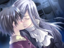 Rule 34 | 2boys, ascot, blush, brown eyes, brown hair, buttons, closed eyes, coat, couple, floating hair, from side, game cg, high collar, ichi yuzuki, indoors, kiss, laughter land, long hair, long sleeves, male focus, matching hair/eyes, multiple boys, night, official art, parted lips, richard mcbain, sergi (laughter land), silver hair, surprised, yaoi