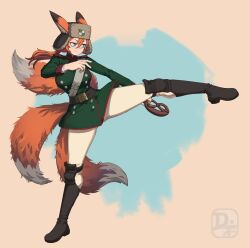 Rule 34 | 1girl, animal ears, belt, black belt, black footwear, black headwear, blue background, blue eyes, boots, breasts, brown background, closed mouth, commentary, commission, difman, english commentary, food, fox ears, fox girl, fox tail, full body, green jacket, hair between eyes, highres, holding, holding food, jacket, kicking, knee boots, long sleeves, medium breasts, orange hair, original, pants, pretzel, smile, solo, standing, standing on one leg, tail, two-tone background, v-shaped eyebrows, white pants