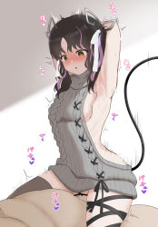 Rule 34 | 1boy, 1girl, absurdres, aran sweater, armpits, arms up, backless dress, backless outfit, bar censor, black hair, black ribbon, black thighhighs, blush, breasts, cable knit, censored, commentary request, cowboy shot, cowgirl position, demon girl, demon horns, demon tail, dress, girl on top, heart, heart-shaped pupils, hetero, highres, horns, hypnosis, kojo anna, kojo anna (3rd costume), leg ribbon, long hair, looking down, medium breasts, meme attire, mind control, multicolored hair, nanashi inc., official alternate costume, open mouth, paid reward available, penis, pink hair, pussy, ribbed sweater, ribbon, sex, sheryama, sideboob, single thighhigh, solo focus, straddling, sugar lyric, sweater, sweater dress, symbol-shaped pupils, tail, thighhighs, turtleneck, turtleneck sweater, twintails, two-tone hair, vaginal, virgin killer sweater, virtual youtuber, yellow eyes