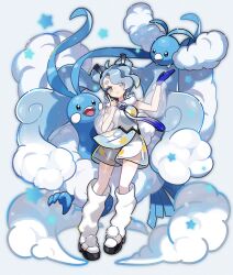 Rule 34 | 1girl, absurdres, altaria, bird, blue eyes, blue gloves, blue hair, blue nails, blush, cloud, commentary request, creatures (company), detached sleeves, dot nose, double bun, eyeshadow, flying miku (project voltage), fuinagi (huyuu mm), game freak, gen 3 pokemon, gloves, gradient hair, grey hair, hair bun, hair ribbon, hatsune miku, highres, long eyelashes, long hair, makeup, multicolored hair, nintendo, pokemon, pokemon (creature), project voltage, red eyeshadow, ribbon, see-through, see-through shorts, see-through sleeves, shorts, shorts under shorts, simple background, single glove, swablu, thick eyebrows, twintails, two-tone hair, very long hair, vocaloid, white background, white footwear, white shorts, wind chime