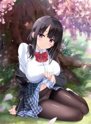 Rule 34 | 1girl, black hair, black jacket, black pantyhose, blue skirt, blunt bangs, blush, bow, bowtie, breasts, cherry blossoms, chinese commentary, clothes down, clothes lift, collared shirt, commentary request, flannel, full body, grass, highres, jacket, large breasts, looking at viewer, medium hair, navel, original, outdoors, panties, panties under pantyhose, pantyhose, purple eyes, red bow, red bowtie, shirt, side ponytail, sitting, skirt, skirt lift, smile, solo, tree, under tree, underwear, uniform, white footwear, white shirt, yokozuwari, youlancangkong