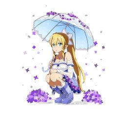 Rule 34 | 1girl, blonde hair, blouse, blue footwear, blue skirt, blue umbrella, boots, braid, breasts, cleavage, collarbone, detached sleeves, flower, full body, green eyes, hair between eyes, hair ornament, high-waist skirt, holding, holding umbrella, hydrangea, jewelry, large breasts, leafa, long hair, necklace, open mouth, pointy ears, ponytail, purple flower, rubber boots, shirt, side braid, skirt, sleeveless, solo, squatting, sword art online, transparent background, twin braids, umbrella, very long hair, wet, wet clothes, wet shirt, white shirt