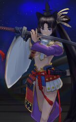 Rule 34 | 1girl, armor, asymmetrical clothes, asymmetrical sleeves, black hair, blue eyes, blue gloves, blue panties, breast curtains, breasts, bridge, closed mouth, commentary request, detached sleeves, fate/grand order, fate (series), feather hair ornament, feathers, gloves, hair ornament, hat, highres, holding, holding sword, holding weapon, japanese armor, kusazuri, long hair, looking at viewer, medium breasts, mismatched sleeves, navel, night, night sky, outdoors, panties, parted bangs, pom pom (clothes), purple sleeves, raize84093, revealing clothes, scabbard, sheath, shoulder armor, side ponytail, single glove, single pantsleg, sky, smile, sode, solo, star (sky), sword, tassel, tate eboshi, underwear, ushiwakamaru (fate), very long hair, weapon, white sleeves, wide sleeves