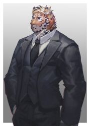 Rule 34 | 1boy, abs, bara, black suit, expressionless, eyebrow cut, feet out of frame, formal, furry, furry male, highres, large pectorals, looking ahead, male focus, muscular, muscular male, neumo, orange fur, original, pectorals, short hair, solo, standing, suit, thick eyebrows, tiger boy, vest, white fur